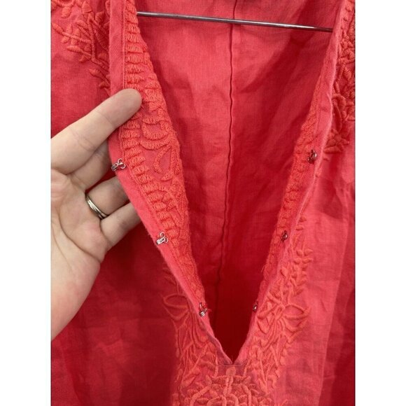 Elie Tahari Blouse Women Small Coral 100% Linen Embroidered Minimalist Coastal - Picture 6 of 9